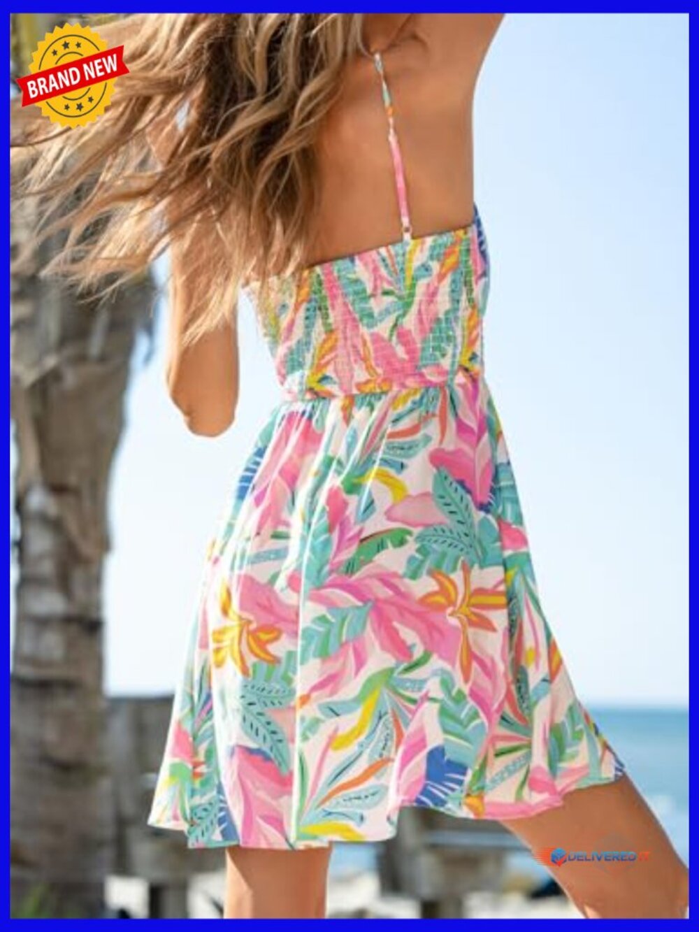 Tropical Floral Mini Sundress Smocked Bodice Adjustable Spaghetti Strap Boho - Picture 2 of 7